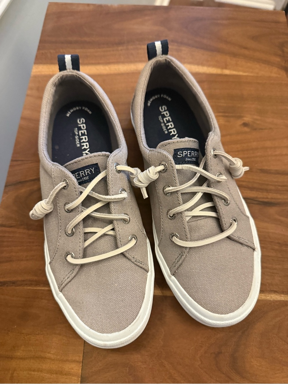 Sperry Women’s Taupe Canvas Sneakers with Navy Heel Tabs
